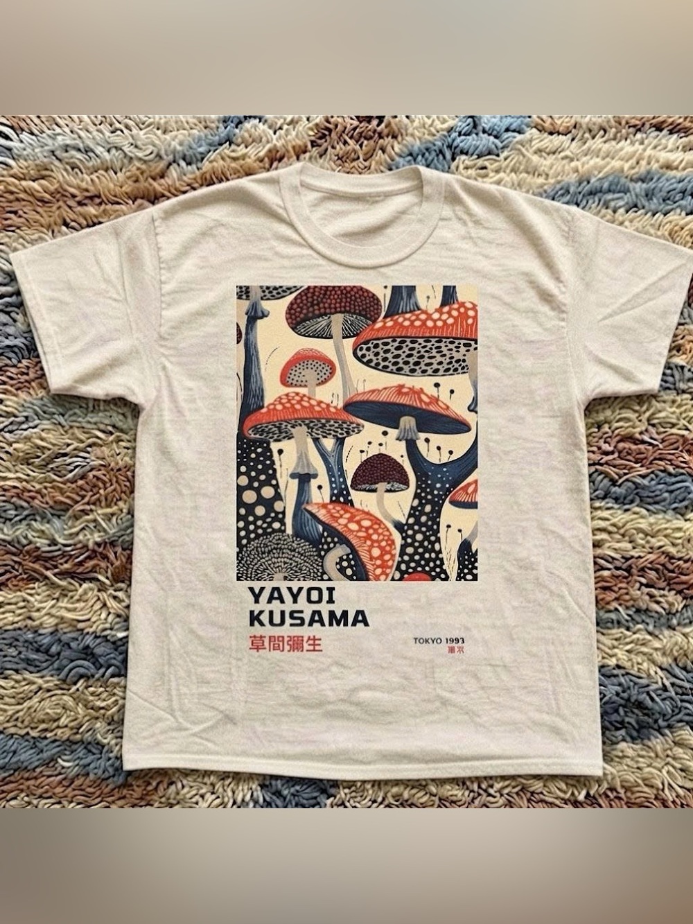 Cream Tee with Yayoi Kusama Red and Navy Mushroom Print